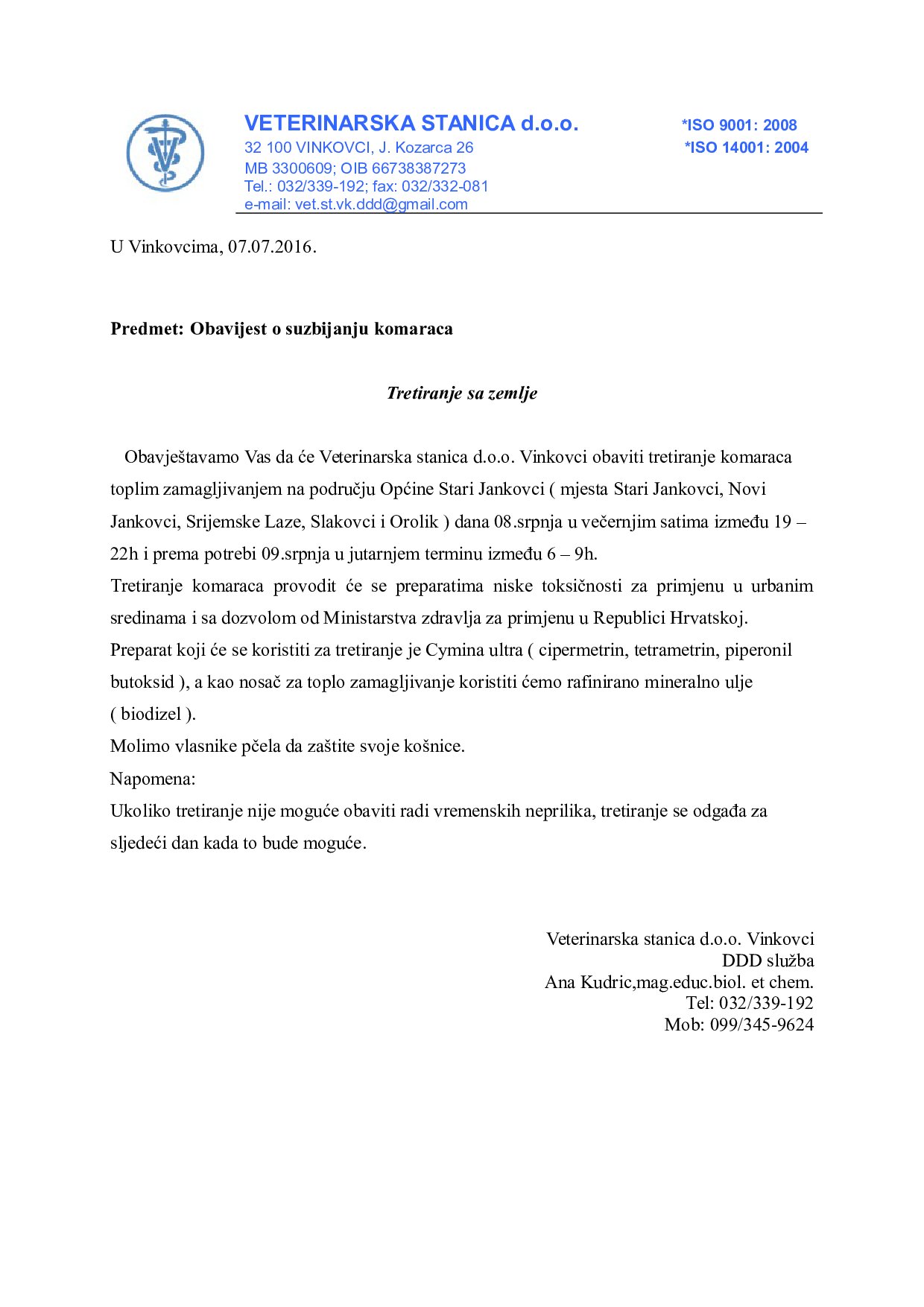 obavijest o tretiranju komaraca Op ina Stari Jan