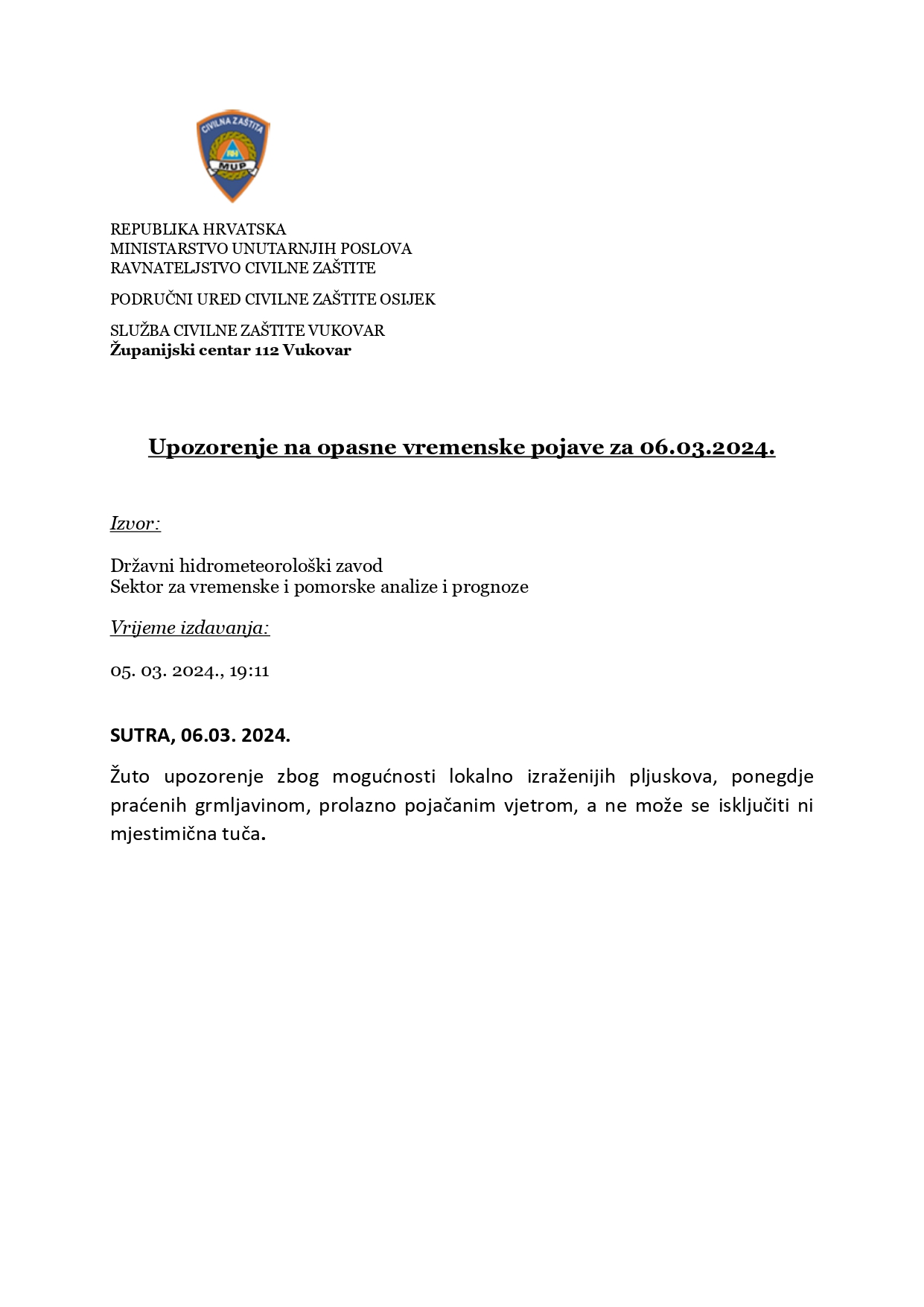 ŽC 112 Vukovar Upozorenje na opasne vremenske pojave page 0001
